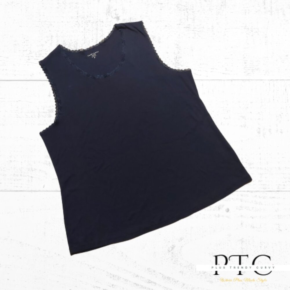 Laura Scott Navy Blue Women's 3x Soft Cotton Tank with Lace Trim